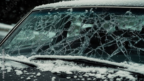 Snowy car windshield cracked in winter