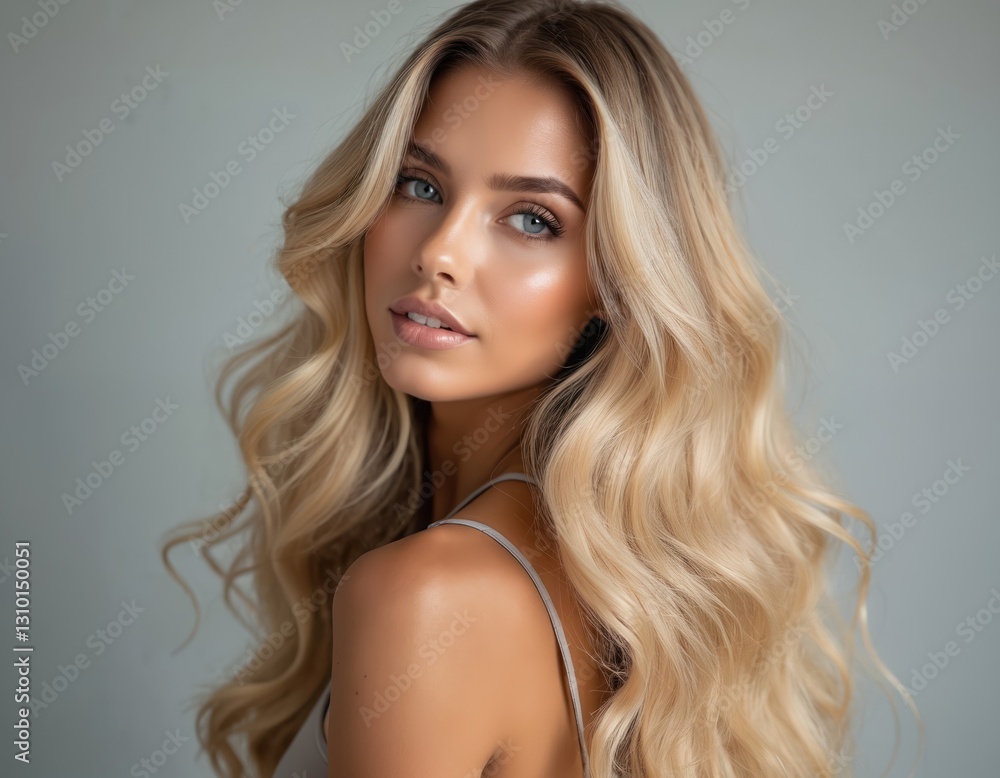 Naklejka premium Blonde long hair model poses for hair salon advertising. Beautiful girl with wavy hairstyle, healthy skin, blue eyes. Hair coloring, styling in beauty salon, beauty industry.