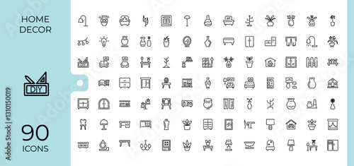 Home Decor icon set. Icons plan, lamp, lighting, office, paint, decor, home and more. Outline icon collection. Minimal icon pack.