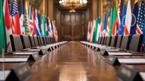 A formal meeting room adorned with flags from various countries, featuring a long table and chairs, indicating international diplomacy and cooperation.