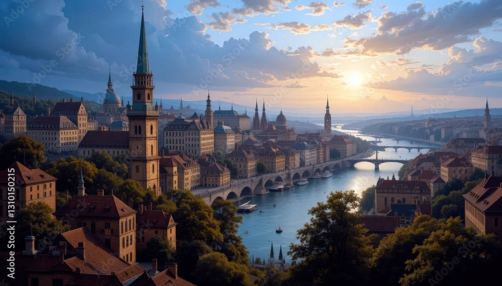Obraz premium Morning light bathes a picturesque cityscape with historic towers and flowing river at dawn