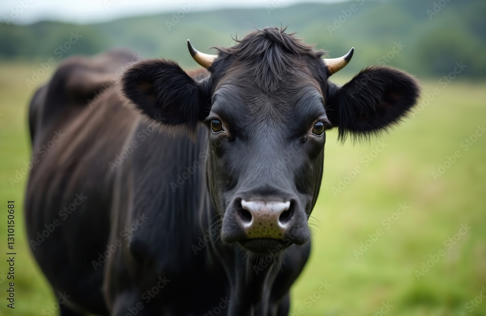 Close up portrait of black wagyu cow gazing at the camera on a field of grass. The cow has short horns and fluffy black hair. Dairy farm animal on countryside pasture. Close up portrait of black wagyu cow gazing at the camera on a field of grass. The cow has short horns and fluffy black hair. Dairy farm animal on countryside pasture.