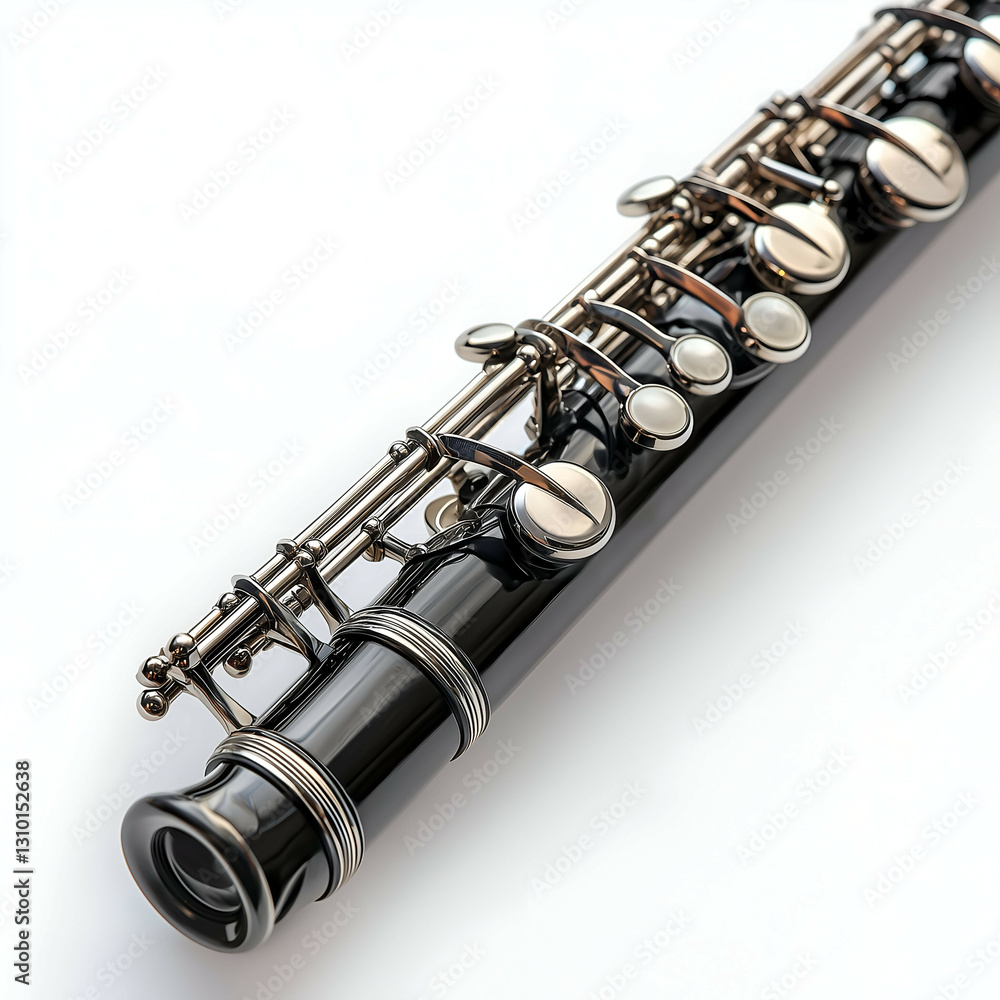 Naklejka premium Flute Music Instrument: Classical Woodwind Performance Close-Up - Elegant Metallic Design and Orchestral Harmony in Jazz & Symphony Concerts