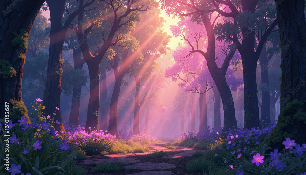 Mystical light beams illuminating enchanted forest, magic and mystery Mystical light beams illuminating enchanted forest, magic and mystery