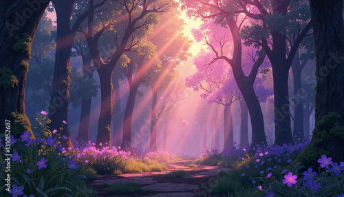 Mystical light beams illuminating enchanted forest, magic and mystery