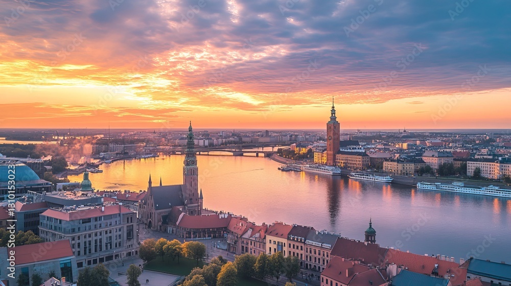 Naklejka premium Beautiful sunset view of Riga's skyline, the Daugava River, and the old town.