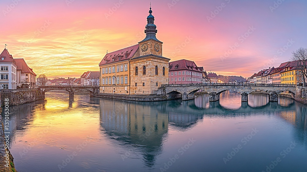 Obraz premium Scenic river town at sunset, reflecting buildings and bridges