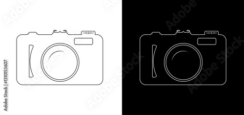 Editable stroke photo camera outline icon set vector design. Black, white retro line art camera to use for photography projects.