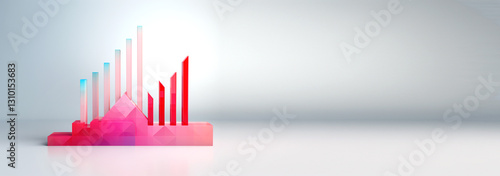 A clean and modern line chart on a white background, with a smooth gradient of pink and red representing financial market trends