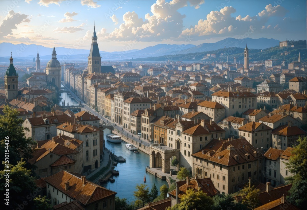 Naklejka premium Charming riverside town with stunning architecture under a serene sky at dusk