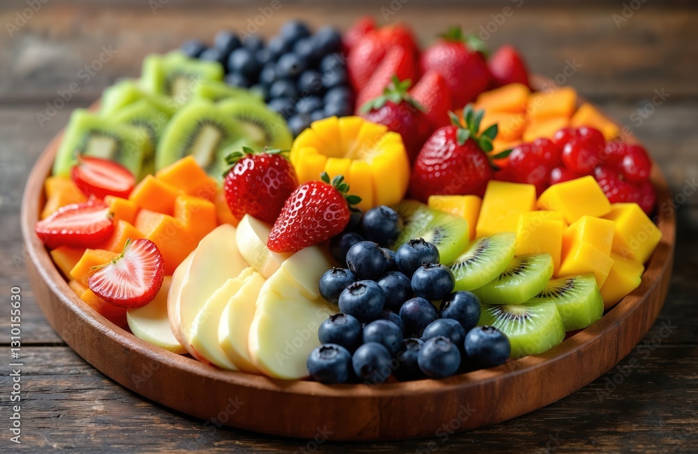 Visually pleasing platter of neatly arranged sliced fruits. Assortment of kiwis, apples, mangoes, strawberries, blueberries, cherries on rustic wooden surface. Organic, vibrant, colourful, healthy Visually pleasing platter of neatly arranged sliced fruits. Assortment of kiwis, apples, mangoes, strawberries, blueberries, cherries on rustic wooden surface. Organic, vibrant, colourful, healthy