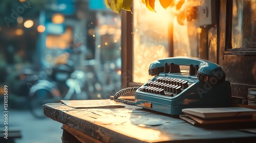 Vintage phone on wooden table, city street sunset view