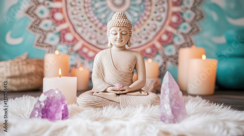 A serene Buddha in the altar statue surrounded by crystals and candles for meditation in a calming interior space