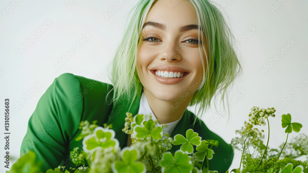 Young woman with green hair smiling cheerfully surrounded by clover, St. Patrick's Day portrait Young woman with green hair smiling cheerfully surrounded by clover, St. Patrick's Day portrait