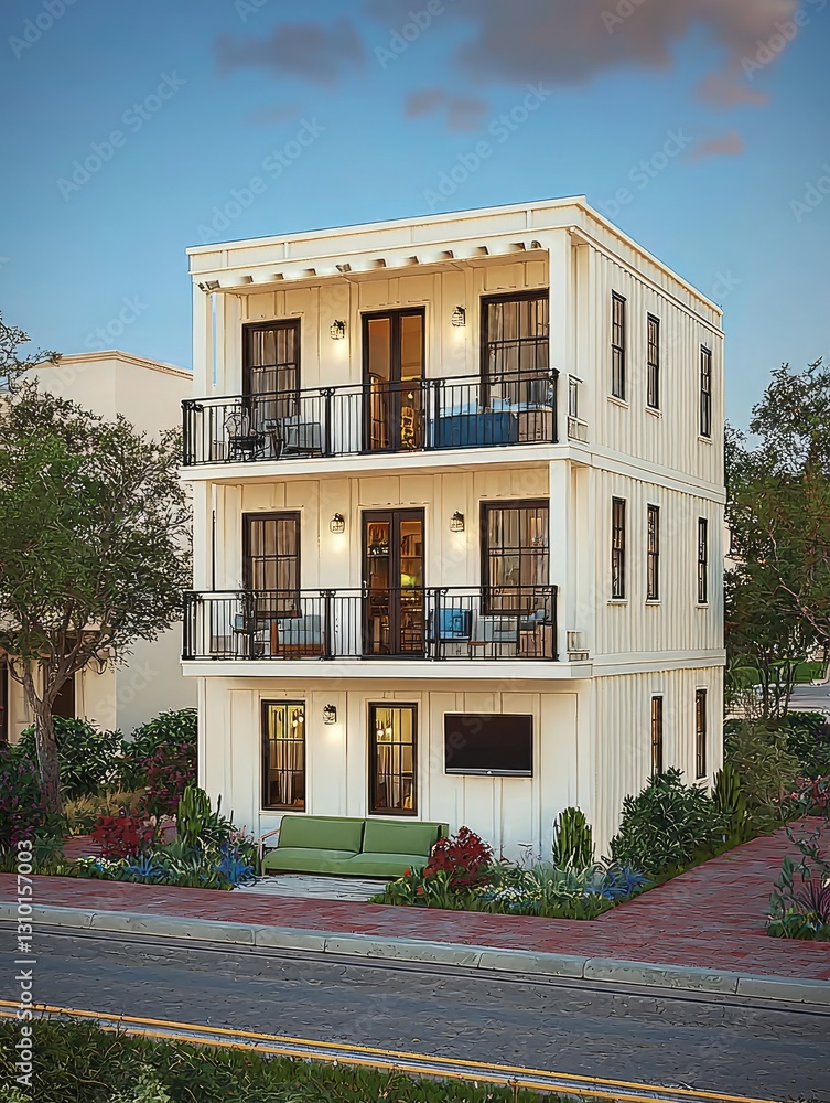 Obraz premium Modern townhome facade, twilight, curb appeal, possible use real estate advertising