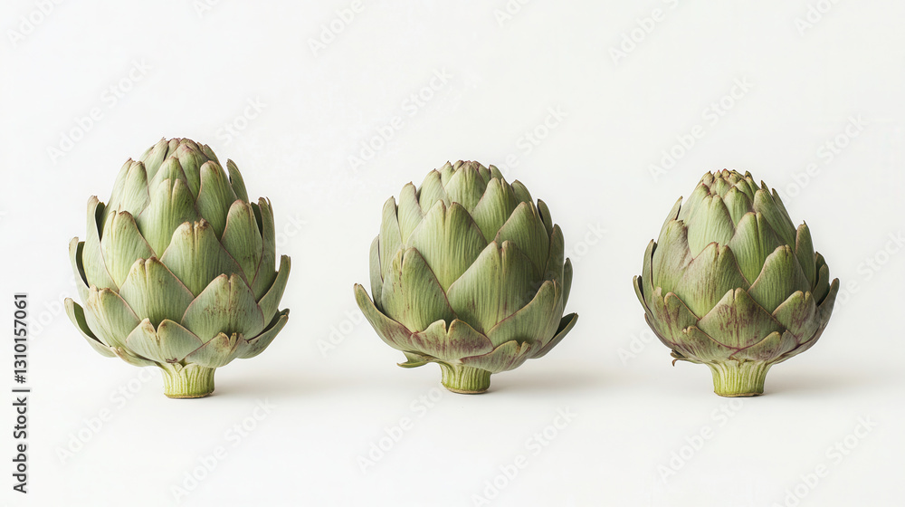 Obraz premium Three artichokes of varying sizes displayed on a clean white background in a detailed hyper-realistic style capturing their texture and form