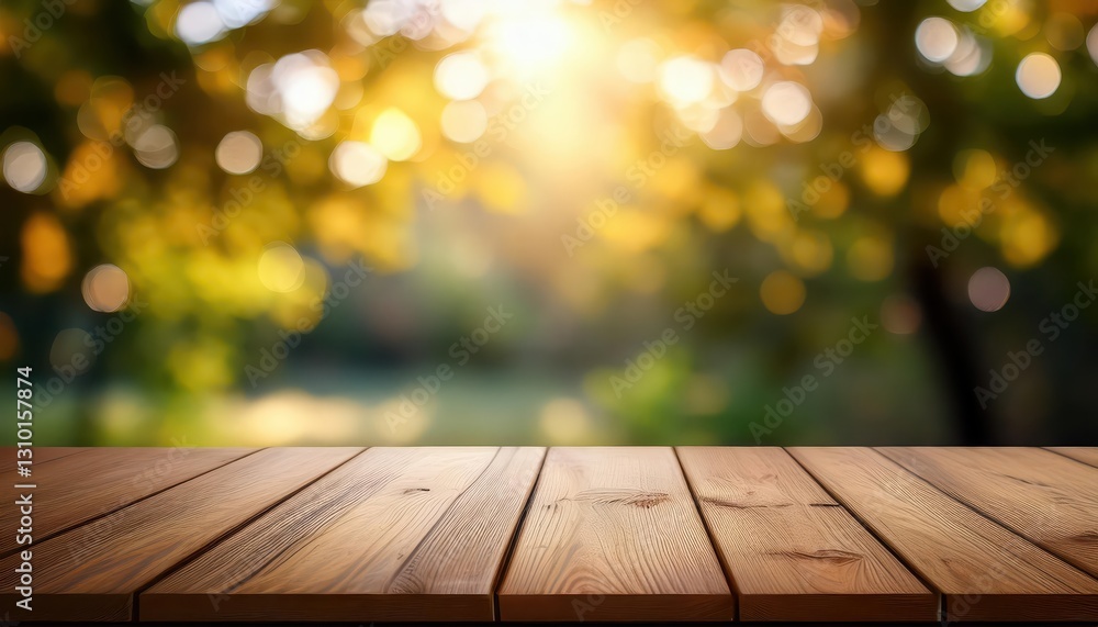 Minimalistic Empty Wooden Table Set Against a Swirling Dreamscape of Bokeh, Perfect for Staging Striking Product Presentations and Artistic Collages.