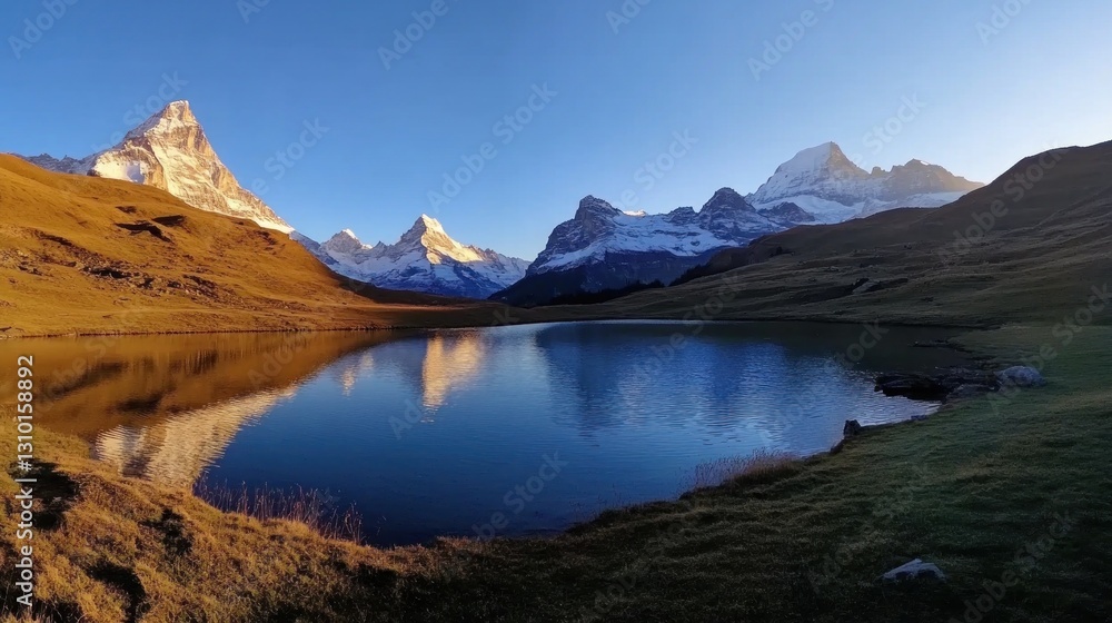 Fototapeta premium Serene alpine lake reflecting majestic snow-capped peaks at sunrise