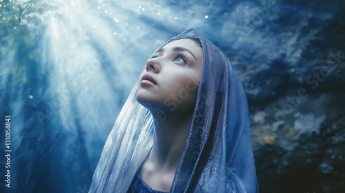 Young, beautiful Maryam. The bright light of the angel falls on Maryam's face. Maryam's gaze is directed upwards. Biblical story.
