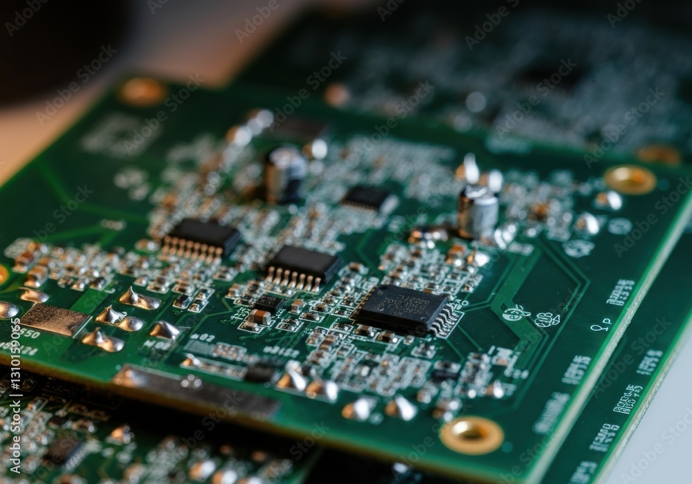 Close-up of a green circuit board with intricate electronic components Close-up of a green circuit board with intricate electronic components
