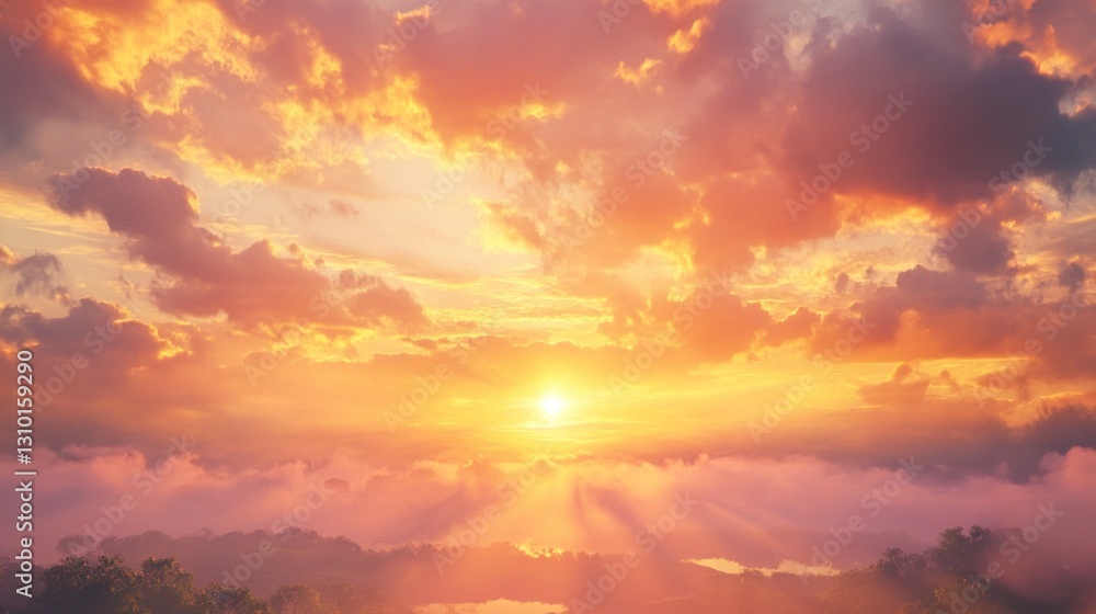 A vibrant sunset over a landscape shrouded in mist. Sunrise rays pierce through clouds A vibrant sunset over a landscape shrouded in mist. Sunrise rays pierce through clouds