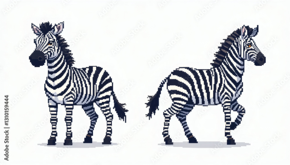 Obraz premium Retro pixelated 8-bit zebra, front-facing and side profile galloping, isolated on a white background, vintage game-inspired design.