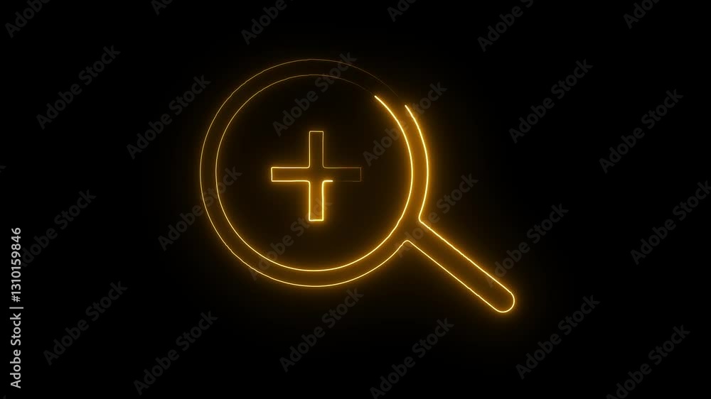 Zoom in neon icon glowing yellow color animation black background. Magnifying glass icon with plus isolated animation. Magnification glass, Search engine optimization. Zoom in neon icon glowing yellow color animation black background. Magnifying glass icon with plus isolated animation. Magnification glass, Search engine optimization.