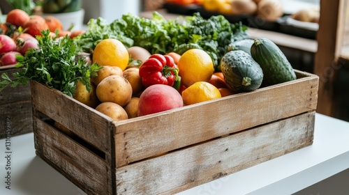 A wooden box filled with fresh fruits and vegetables sits on a white table.  This shows a food delivery idea.
