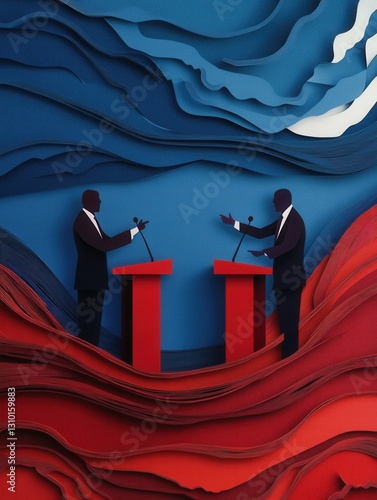 Engaging political debate backdrop with bold paper art silhouettes in dynamic colors and abstract shapes Generative AI photo