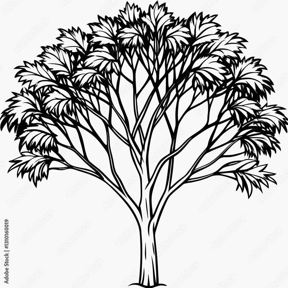 Naklejka premium Silhouette of a tree with detailed leaves against a white background