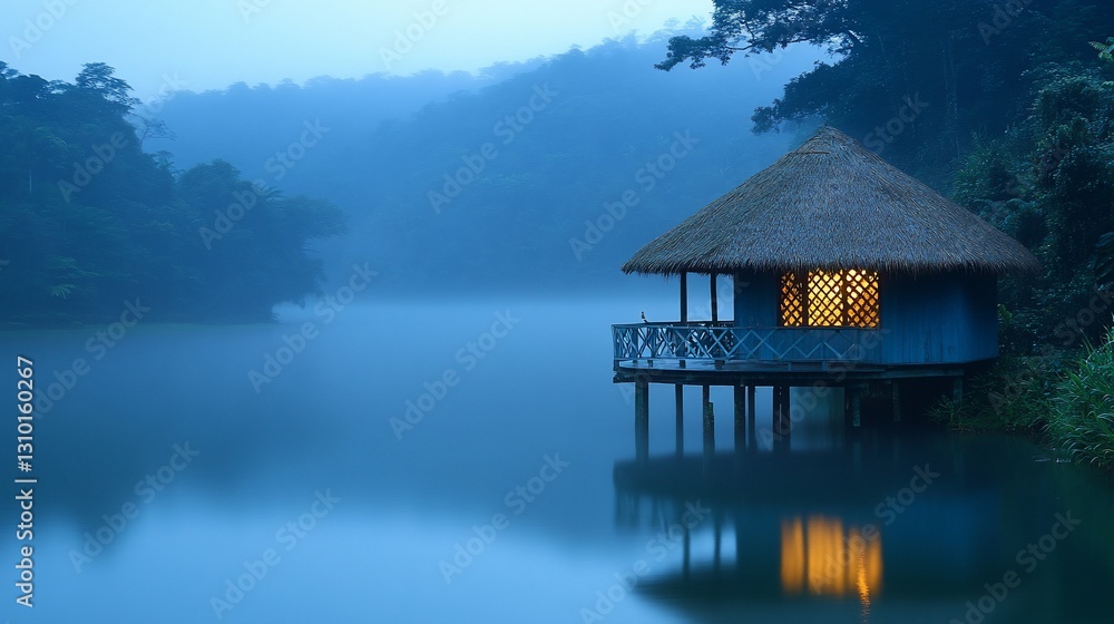 Fototapeta premium Serene lakeside hut at twilight