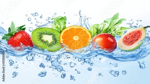 Colorful fruits and vegetables make a big splash in clear water.  It's a bright, lively picture.
