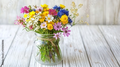 Wallpaper Mural A small bunch of spring wildflowers sits in a glass jar on a white wooden table.
 Torontodigital.ca