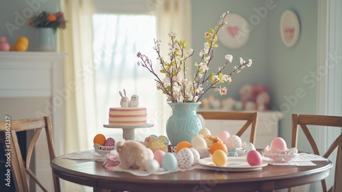 Wallpaper Mural A warm, inviting Easter dining room: round table, cake, bunny, colorful eggs, wooden accents, leafy vase, and personal touches.
 Torontodigital.ca