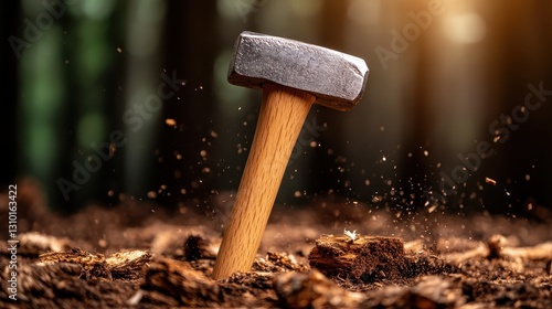 A metal hammer struck into the soil surrounded by wood chunks radiates power and a connection to nature, representing labor, craftsmanship, and determination in work. photo