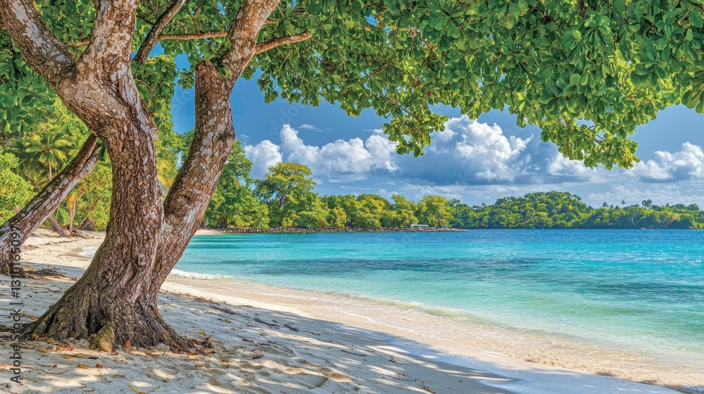 Tropical beach scene, lush trees, turquoise water, idyllic paradise Tropical beach scene, lush trees, turquoise water, idyllic paradise