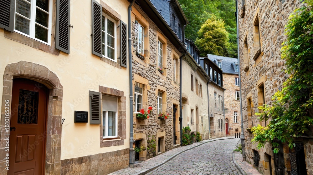 Fototapeta premium European cobblestone alleyway, historic buildings, lush green hills in background. Possible use tourism brochure