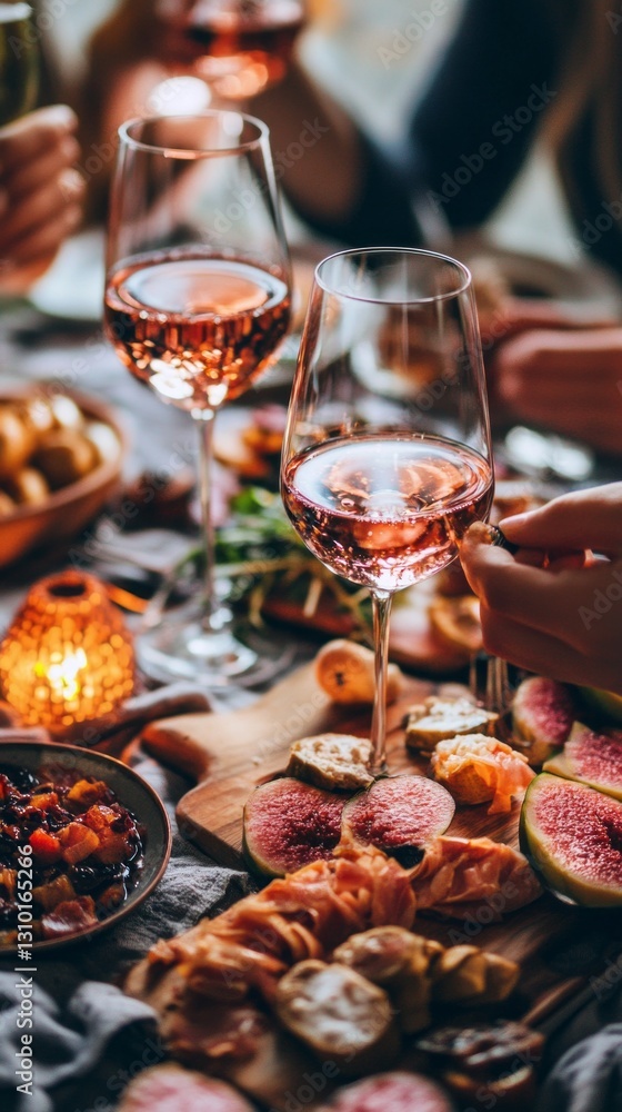 Fototapeta premium Gathering around a beautifully arranged table, friends enjoy a delightful dinner party complete with exquisite dishes and sparkling drinks, creating unforgettable moments together