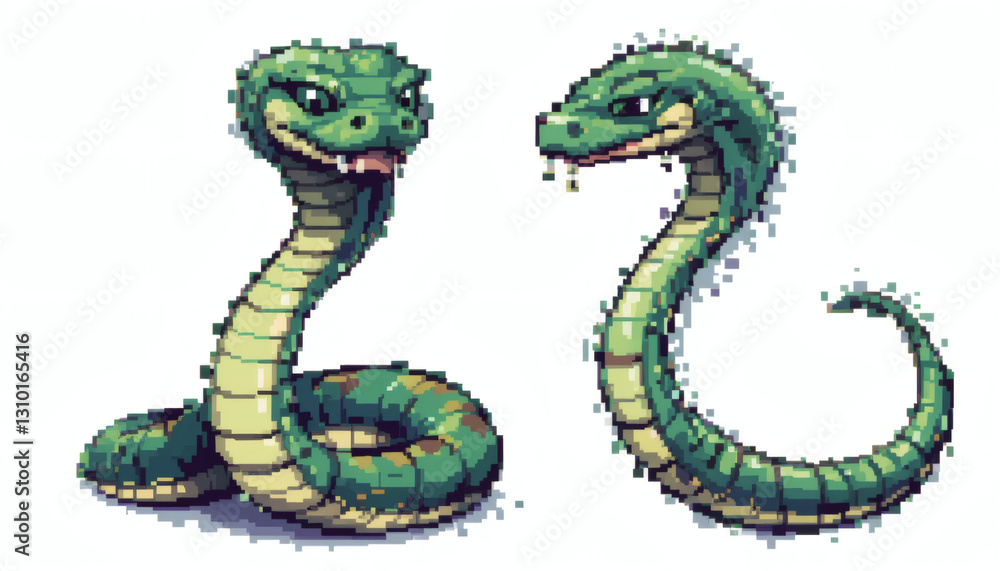Naklejka premium Charming 8-bit Pixelated Snake, Front-Facing Coiled and Side View Slithering, Isolated on White Background for Retro Game Aesthetic.png