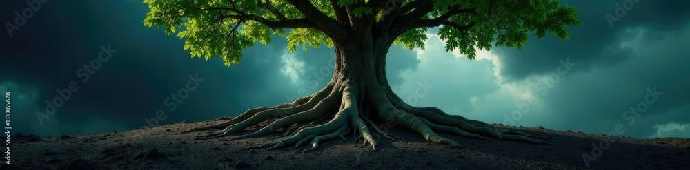 Naklejka premium Deep roots stretch down into darkness, supporting ancient tree, earthy, organic, nature