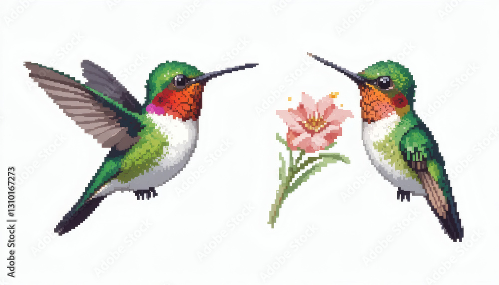 Fototapeta premium 8-bit pixel art small hummingbird, isolated on white background, front-facing hovering and side view sipping nectar, retro game style, pixelated bird, nostalgic hummingbird sprite.