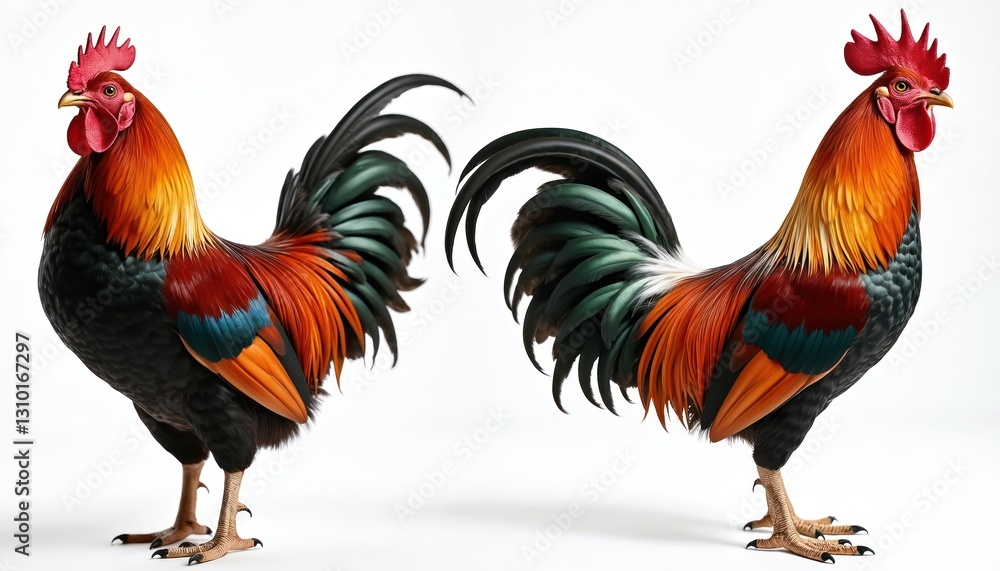 Fototapeta premium Two colorful roosters isolated on white background. Poultry farming illustration. Domestic fowl with vibrant feathers. Farm animal agriculture. Rooster, cockerel, hen, chicken - symbol of 2029 year.