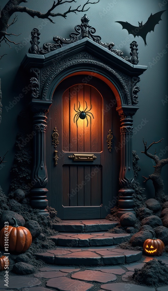 Obraz premium ancient gothic doorway with dragon reliefs and fog