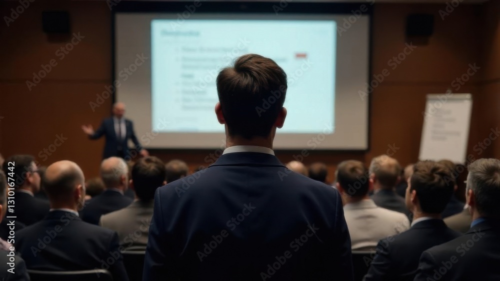 Fototapeta premium Male speaker giving presentation in hall at university workshop. Audience or conference hall. Rear view of unrecognized participants in audience. Scientific conference event, training