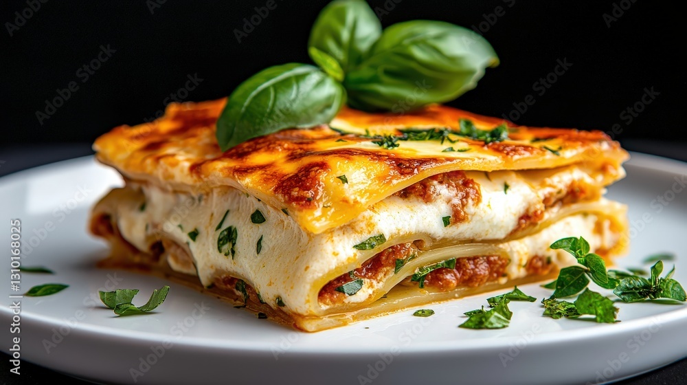 Delicious lasagna with cheese, meat, and basil. Delicious lasagna with cheese, meat, and basil.