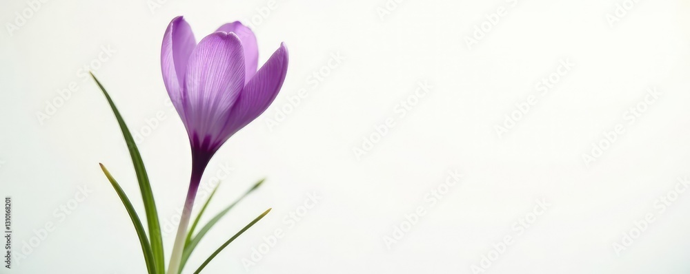 Fototapeta premium Half closed crocus against a warm white background, simple,