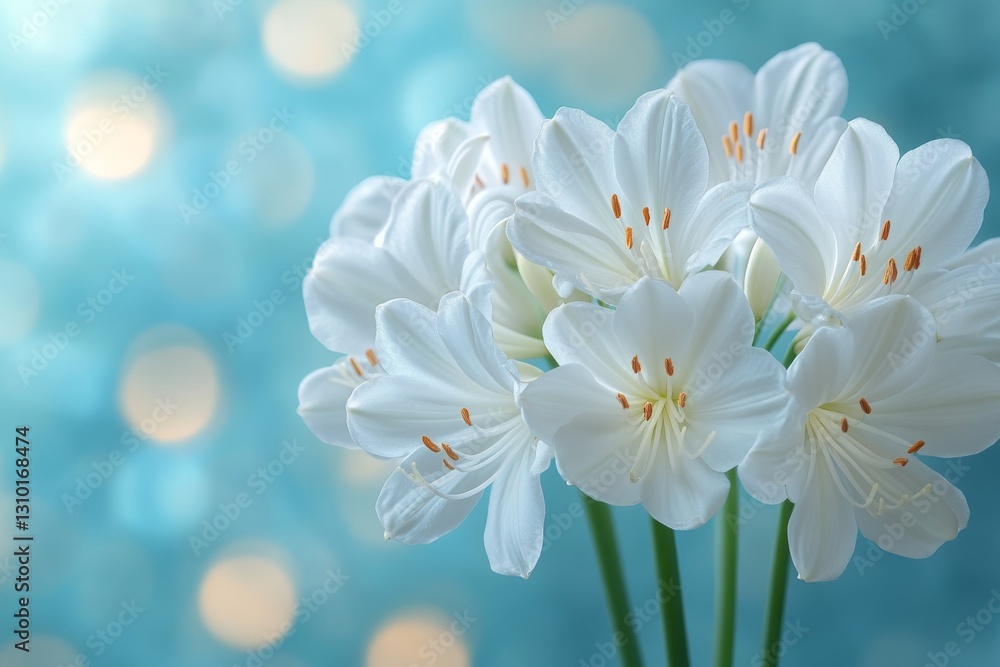 Fototapeta premium Agapanthus flower on a blue background with delicate petals and vibrant hues. Flowers in a serene and charming look.