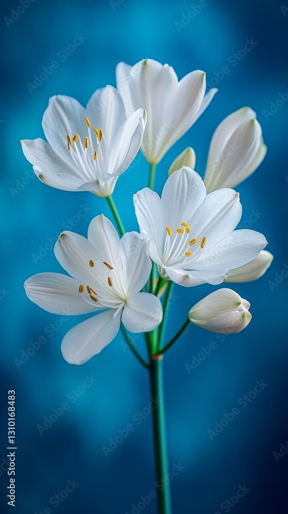 Obraz premium Agapanthus flower on a blue background with delicate petals and vibrant hues. Flowers in a serene and charming look.