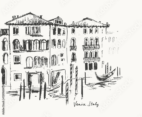 Hand drawn Venice architecture panorama urban sketch. Black ink landscape line drawing of Italy ancient city.