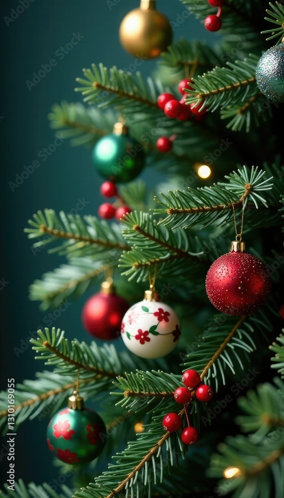 Pine tree decorated with a mix of ornaments and berries, Mixed, Winter, Evergreen Pine tree decorated with a mix of ornaments and berries, Mixed, Winter, Evergreen